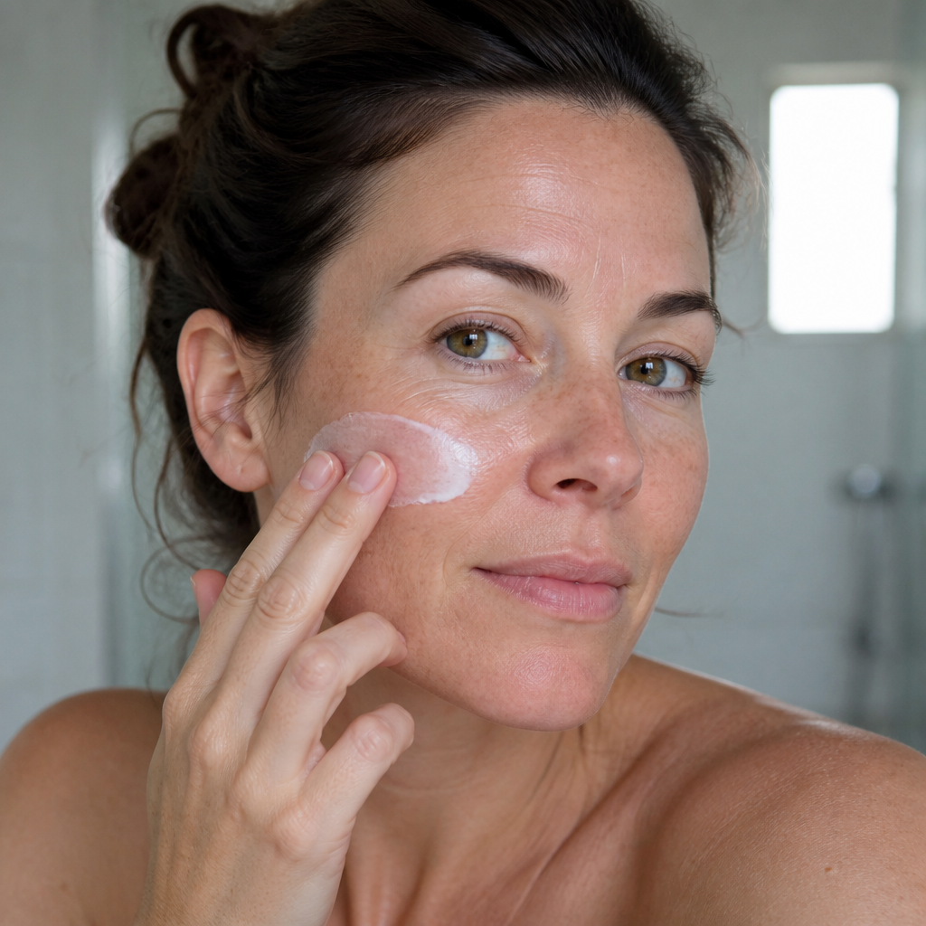 Woman applying Vytal mineral sunscreen to her cheek in morning light