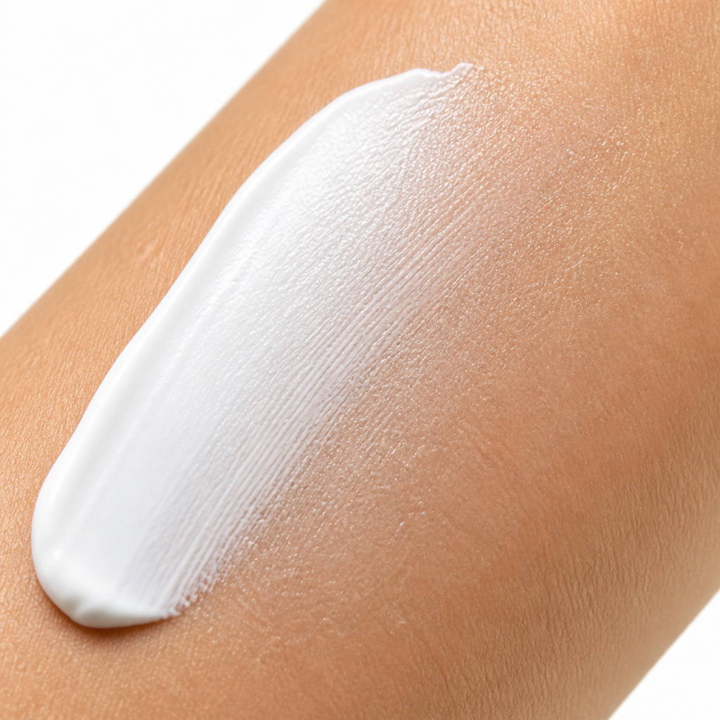 Mineral sunscreen swatch blending from white to sheer on skin