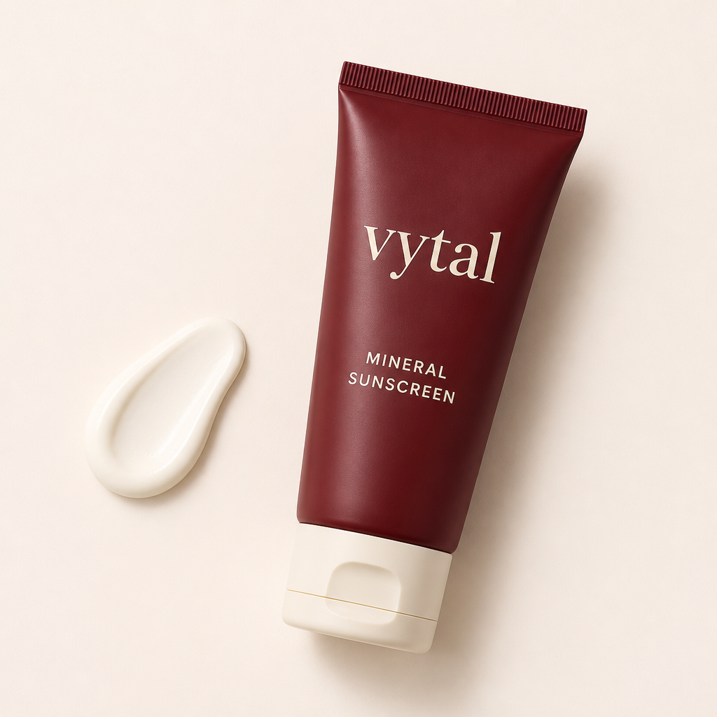 Flat lay of Vytal Mineral Sunscreen tube with cream dollop