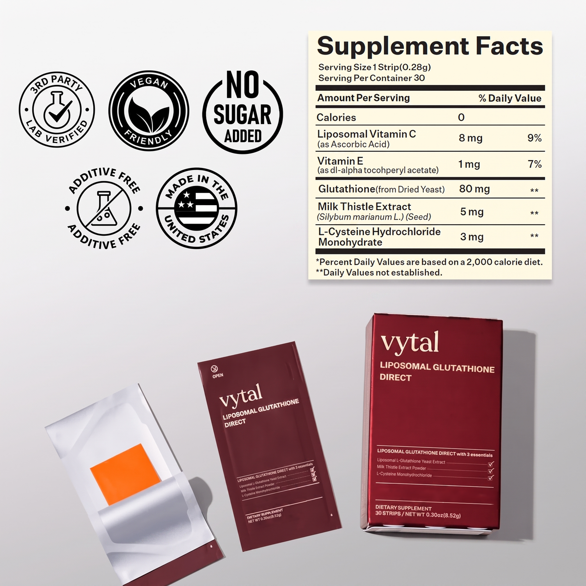 Vytal Liposomal Glutathione supplement facts, 30 servings per container